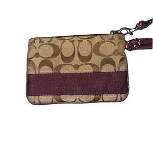 Coach Signature C Canvas Wristlet Zip Pouch Plum Purple Stripe Leather Strap
